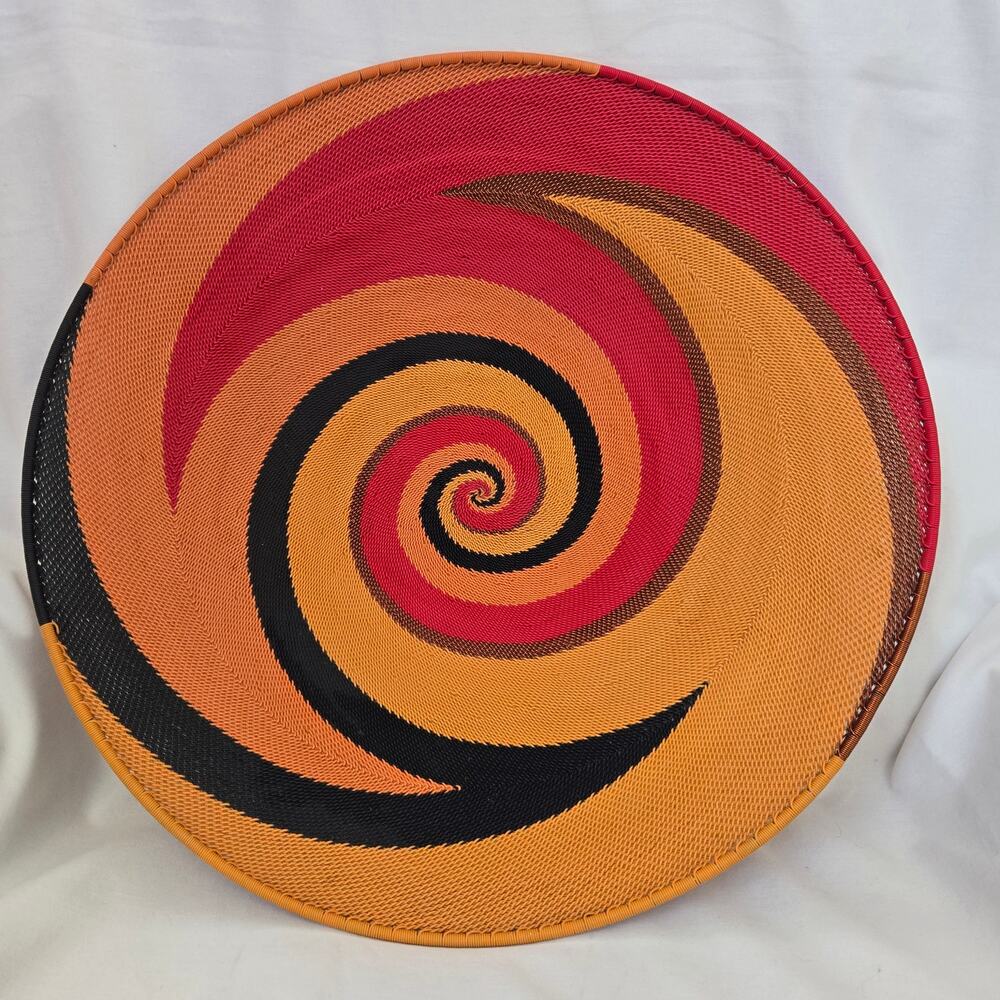 South African Zulu Telephone Wire Swirl Basket Handmade 16" Black Orange Red